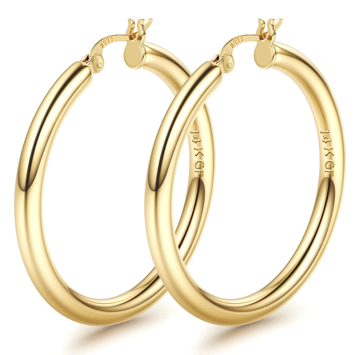 14K chunky gold plated hoop earrings, 4mm thick hollow tube hoops with 925 sterling silver posts, 50mm size