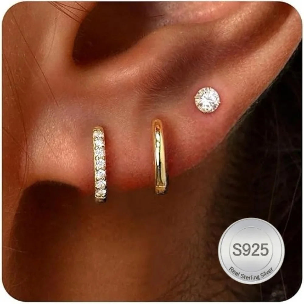 S925 sterling silver stacked mini cubic zirconia earrings set, hypoallergenic non-tarnishing jewelry for women