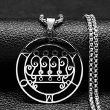 Stainless steel Satan necklace featuring Baphomet stamp and Asmoday sigil, with laser-etched chain jewelry design.