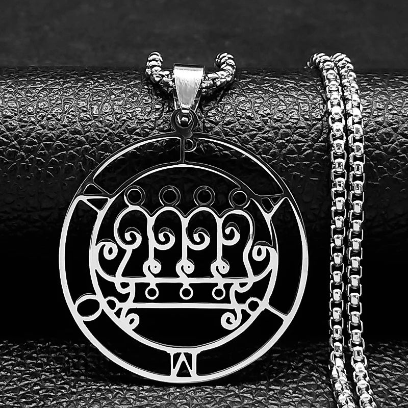 Stainless steel Satan necklace featuring Baphomet stamp and Asmoday sigil, with laser-etched chain jewelry design.