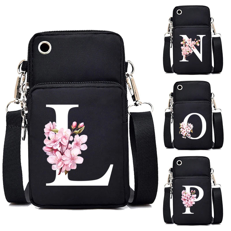 Small floral alphabet graphic crossbody handbag for women with mobile phone pocket, by HSF Marketplace.