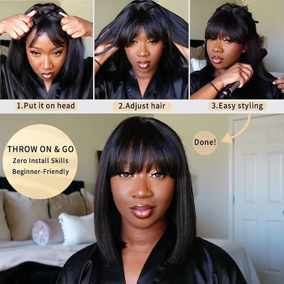 Highlighted short bob wig with bangs, straight Brazilian Remy human hair, lace glueless cap, for women, 8-14 inches.