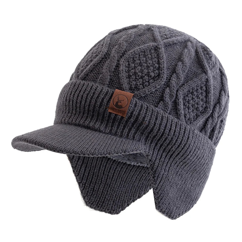 Unisex plush fur-lined earflap beanie hat, thick knitted winter ski cap in soft warm fabric