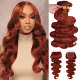 Reddish Brown Body Wave Human Hair Bundles with 4x4 HD Lace Closure Free Part Color #33 Brazilian Raw Hair Copper Red Wavy Color