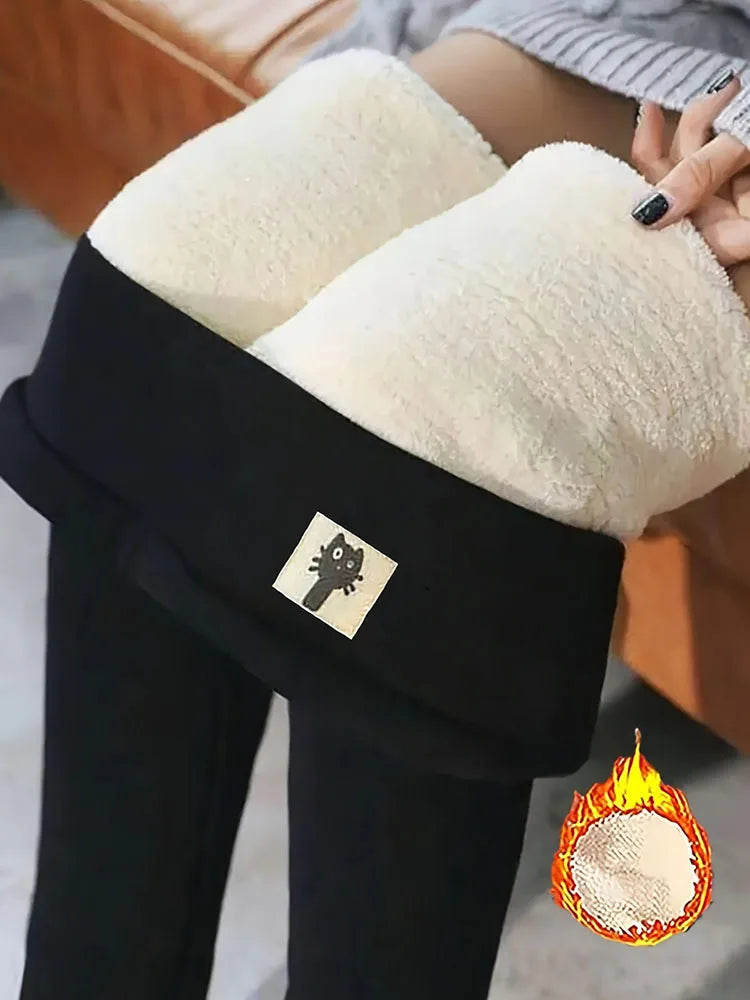 Women's winter thick fleece leggings by HSF Marketplace, high-waist lamb cashmere joggers in black velvet fabric