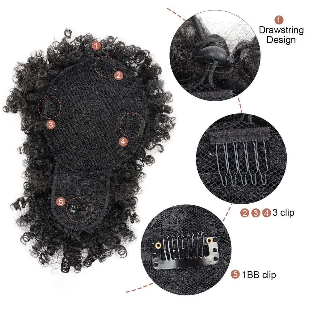 Afro puff kinky curly ponytail wig with bangs and drawstring, synthetic hair extension for Black women