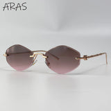 Rimless polygon sunglasses for women with gradient lenses, metal bamboo temples, luxury vintage design, frameless sun glasses.