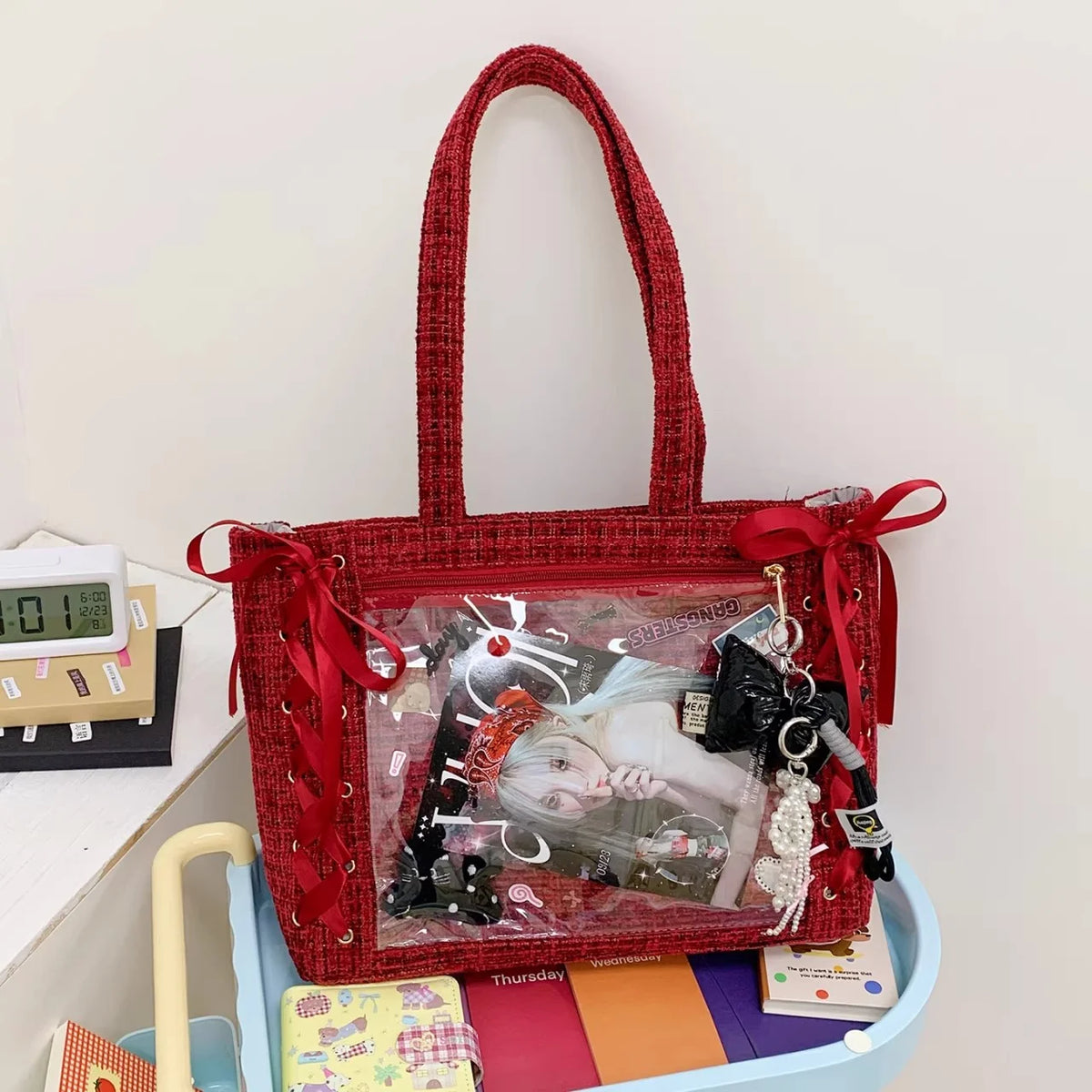 Transparent Y2K Japanese Ita Bag by HSF Marketplace with large capacity, casual crossbody style, featuring cute lolita girl design.