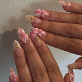 24-piece pink flower almond press-on false nails with kawaii design and stick-on finish