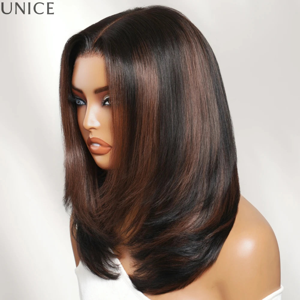 Sleek straight layered bob human hair wig with warm brown highlights by HSF Marketplace