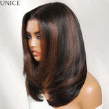 Sleek straight layered bob human hair wig with warm brown highlights by HSF Marketplace