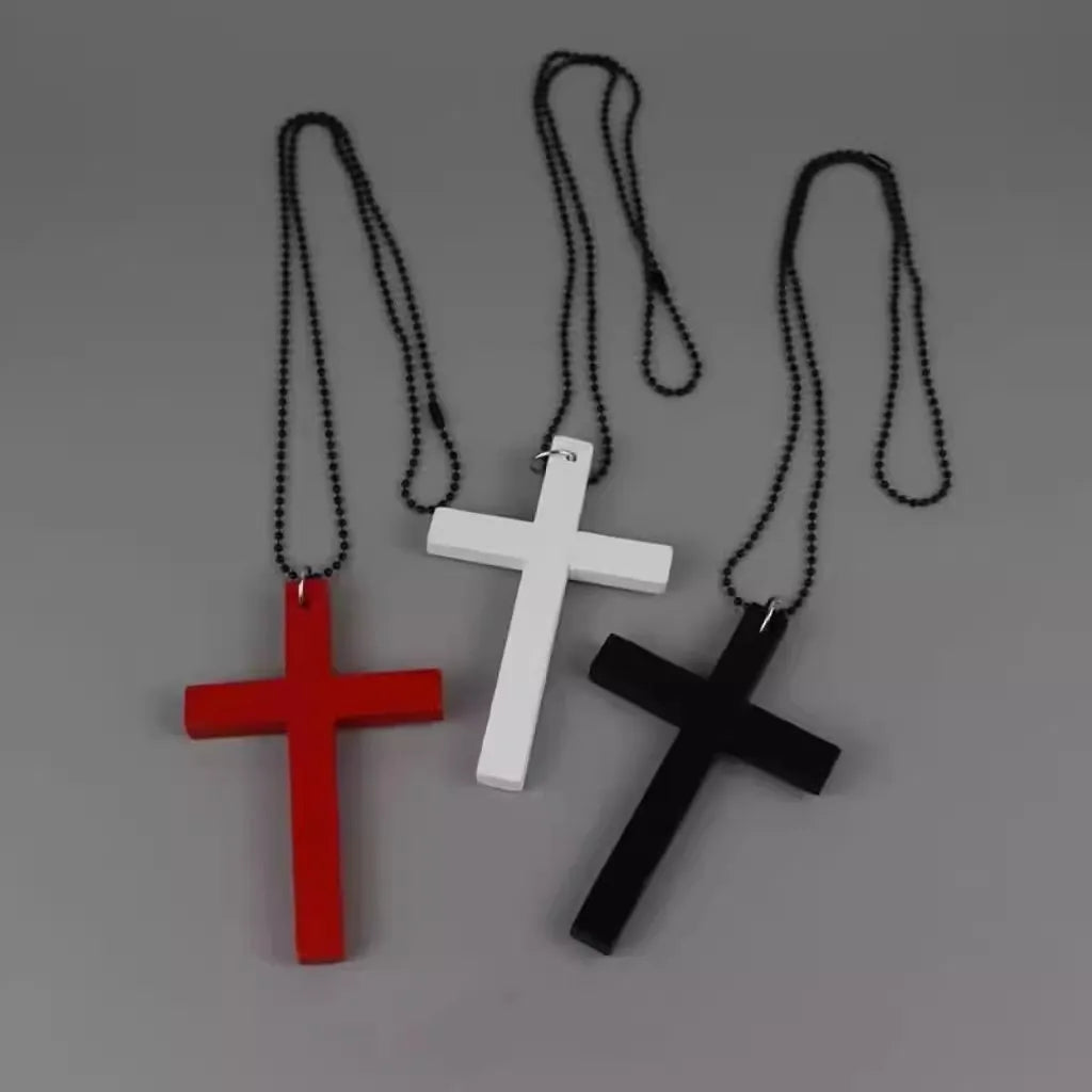 Black and white gothic wood cross pendant necklace with choker style, Y2K hip hop jewelry, ideal for punk and gothic fashion.