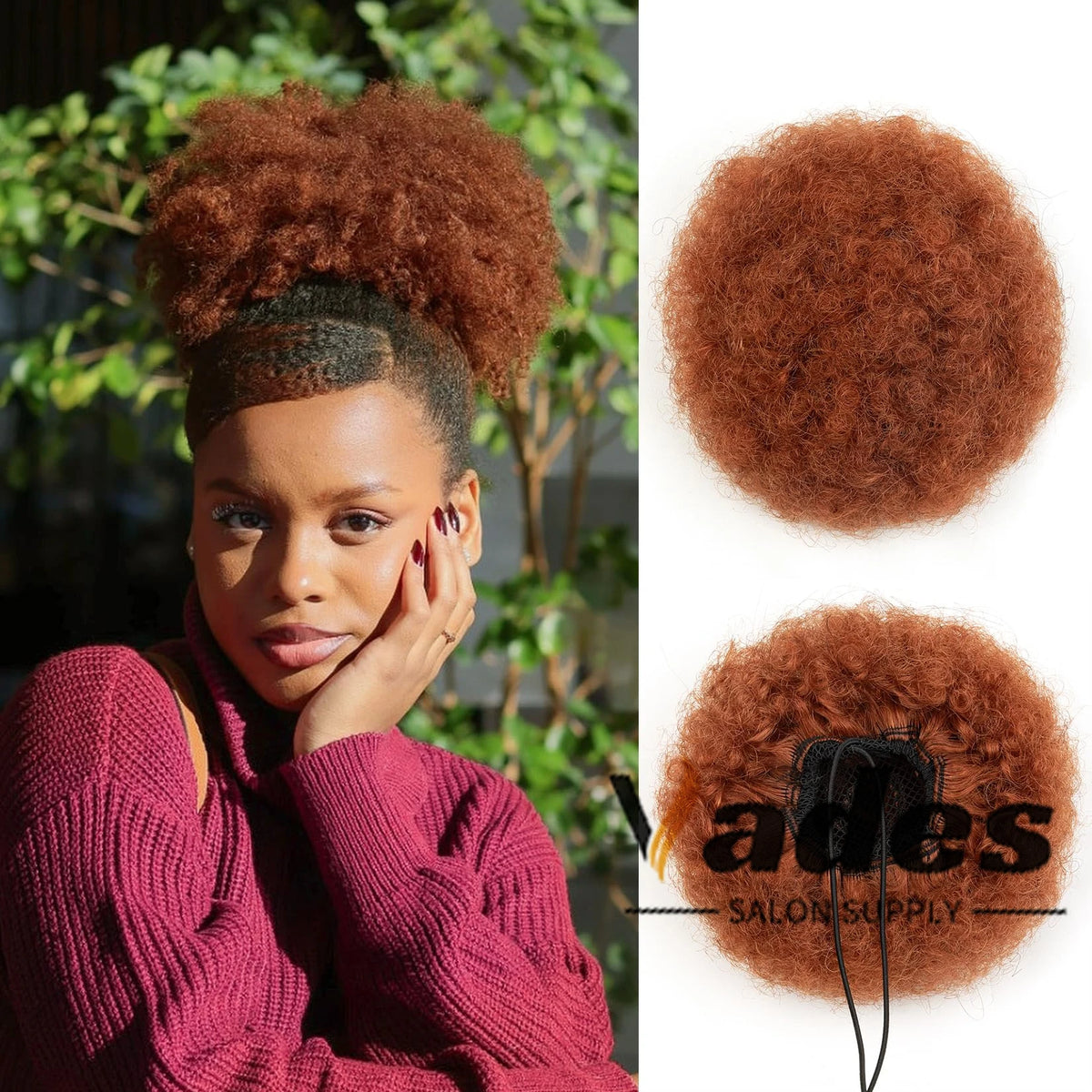 Curly human hair afro kinky puff drawstring ponytail high bun hair piece, 8-inch black updo extension