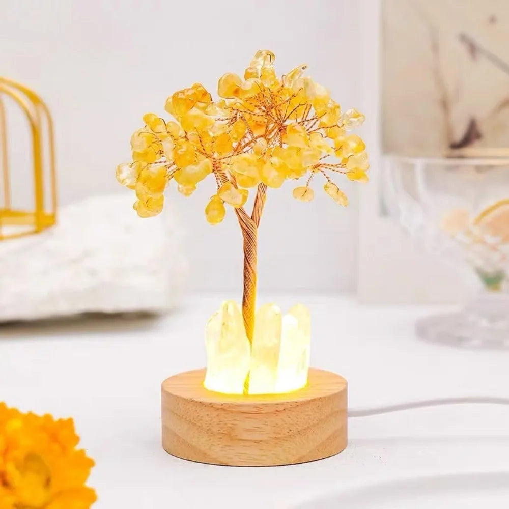 Glowing Crystal Money Tree with LED Base for Wealth Luck, Natural Stone Feng Shui Desktop Ornament, Gift for Birthday