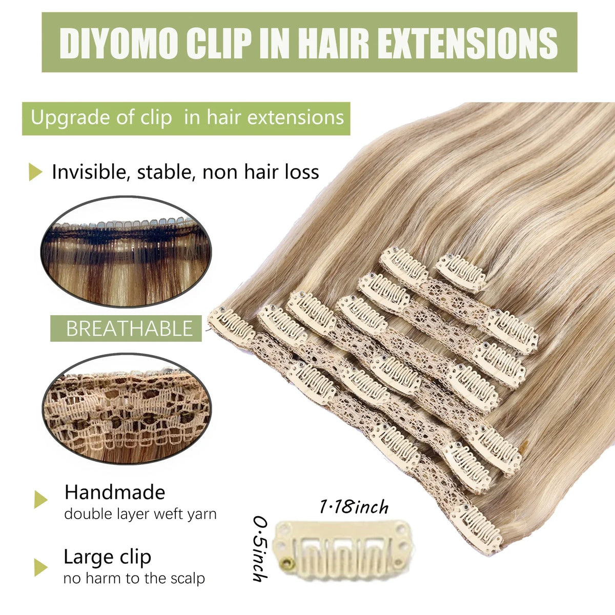Natural black straight HSF Marketplace clip-in human hair extensions, 7-piece PU invisible wefts set, 116g