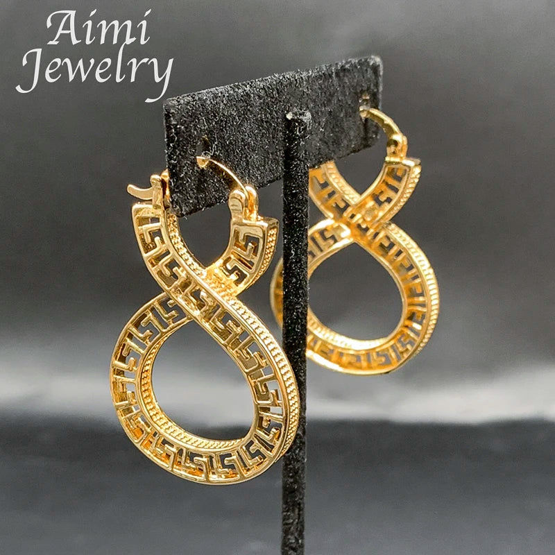 Vintage Dubai gold plated hollow copper hoop drop earrings for women, African jewelry set for parties and weddings