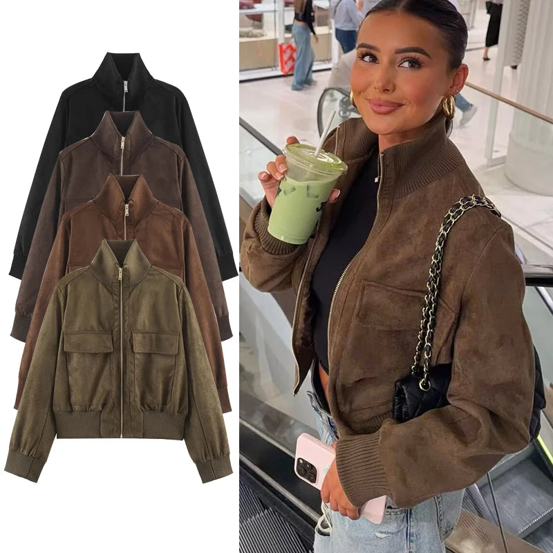 Women's autumn slim warm jacket with large pockets, elegant street-chic style for young women