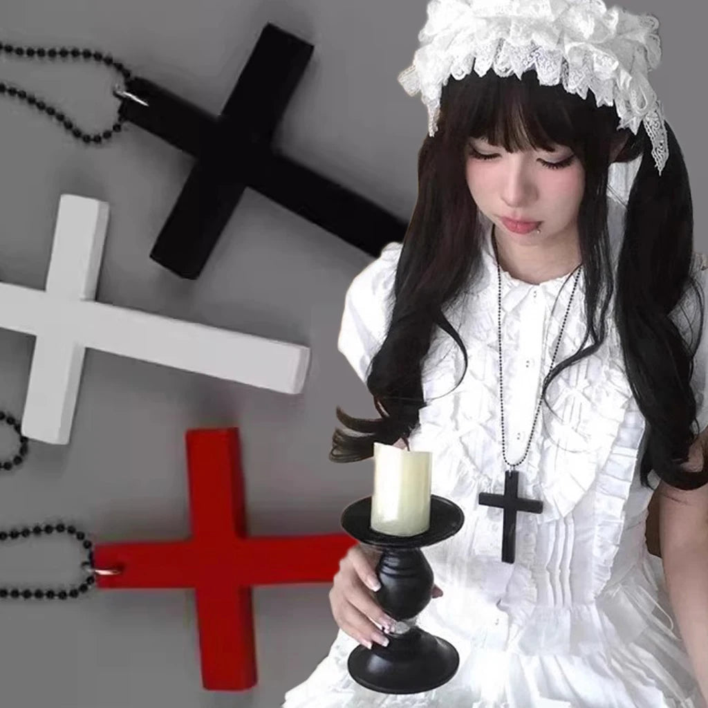 Black and white gothic wood cross pendant necklace with choker style chain, featuring punk and Y2K fashion elements.