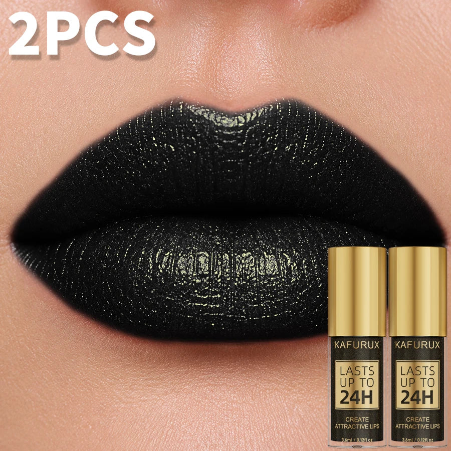 Set of two glitter metallic lip glosses in five colors, shiny, waterproof, and long-lasting Korean lip makeup for women.