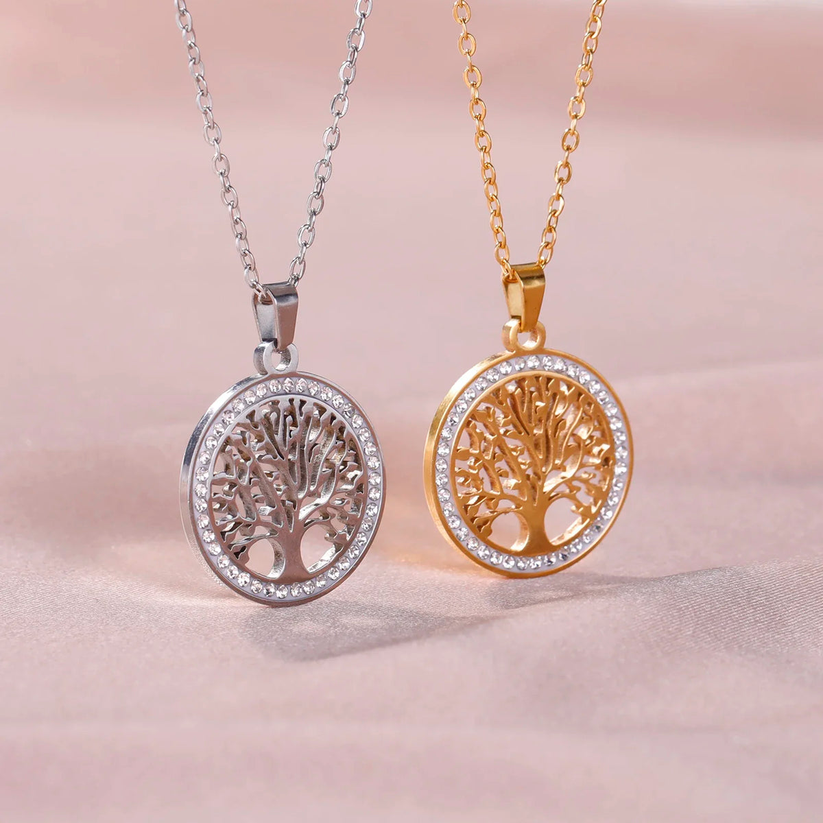 Stainless steel Tree of Life pendant necklace for women with AAA zircon border, waterproof, hypoallergenic, adjustable chain jewelry