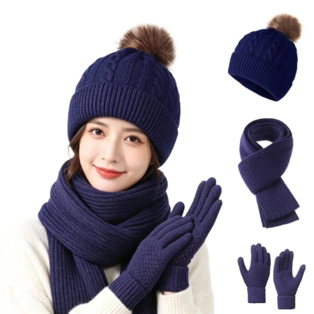 Women's warm touch screen scarf hat gloves set in soft winter knit style