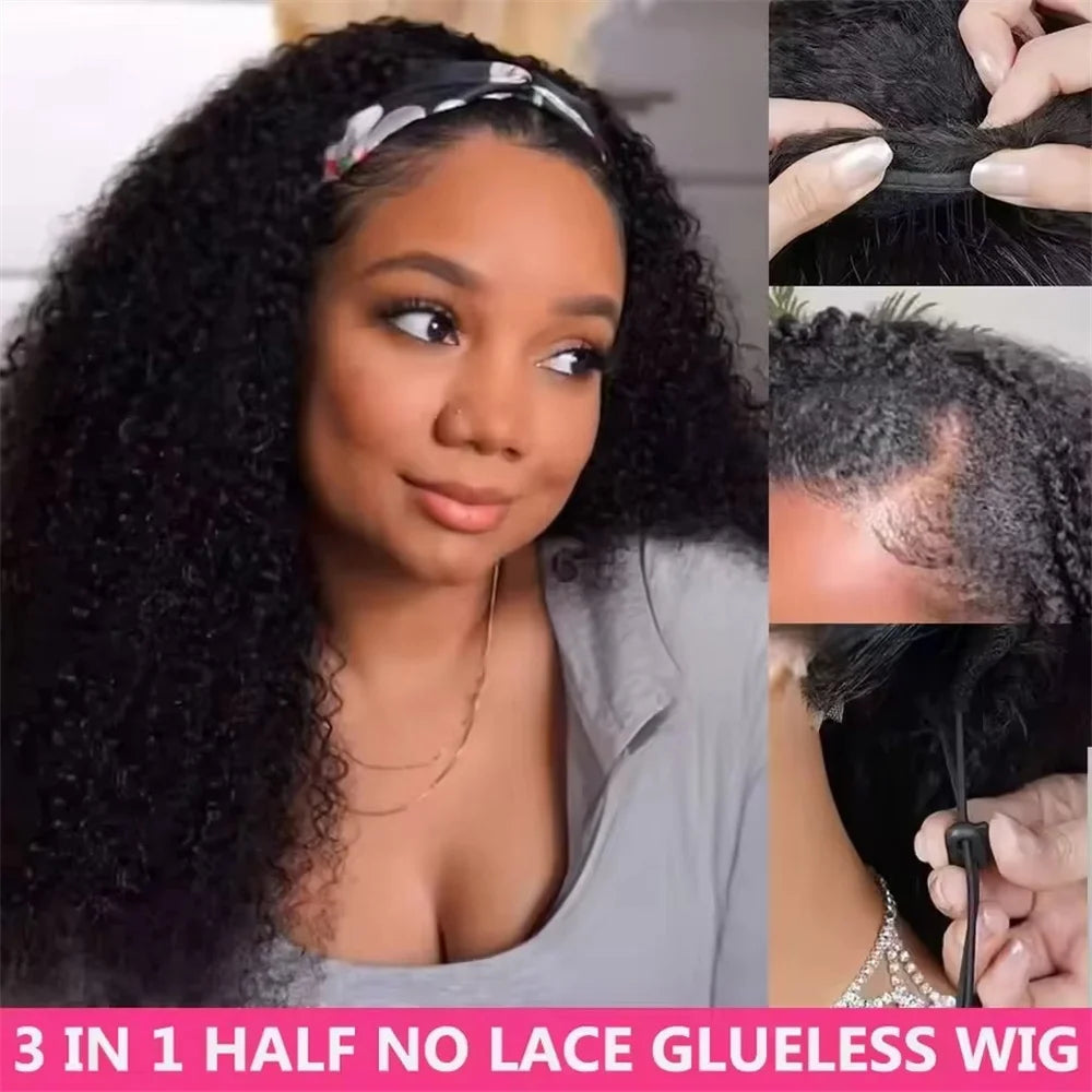 Kinky Curly human hair 3-in-1 half wig with headband, drawstring, and seamless clips for women