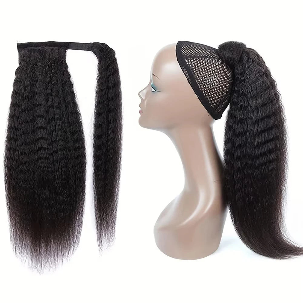 Kinky straight Brazilian Remy human hair wrap-around ponytail extension in natural color for women