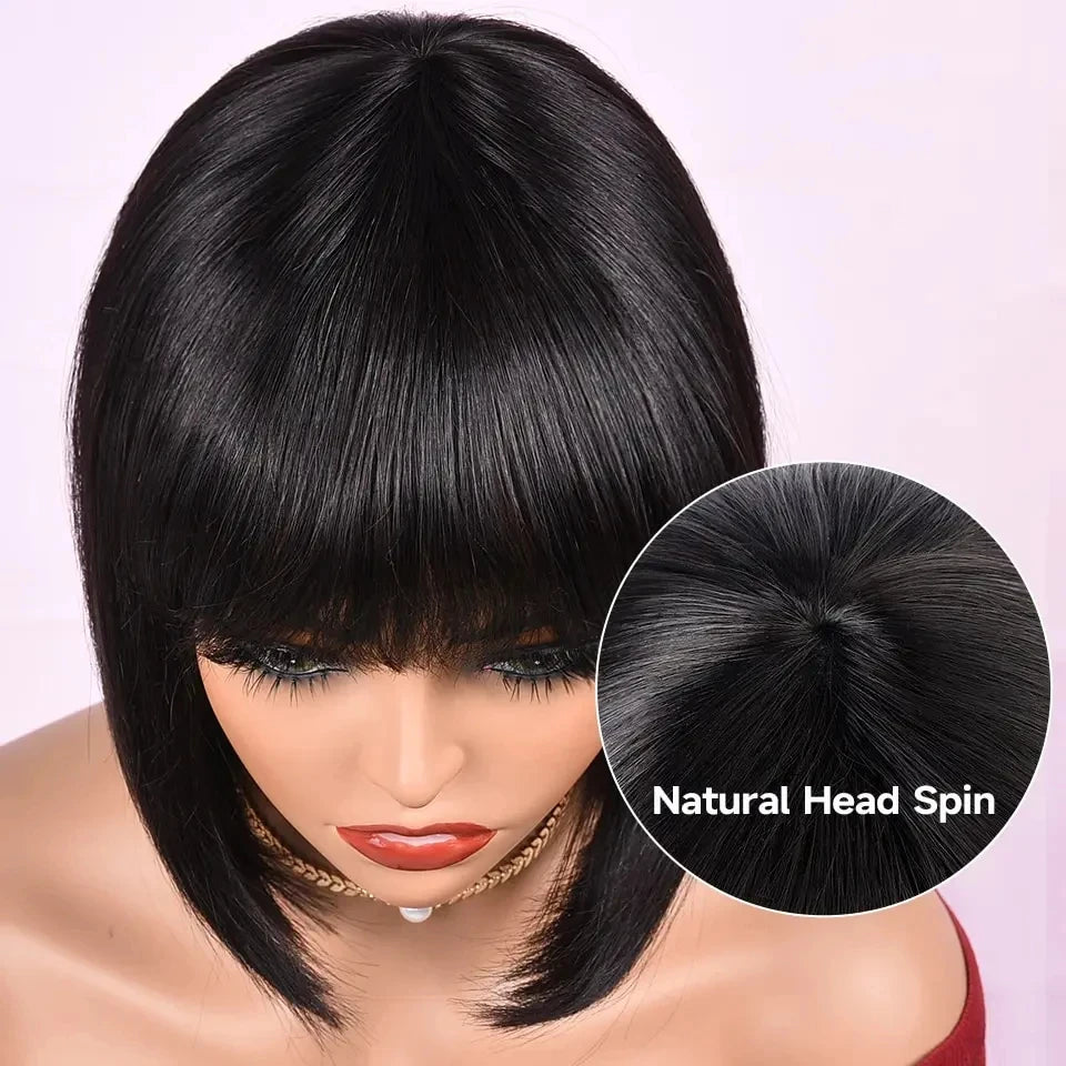 Orange blonde straight bob wig with bangs, human hair, Brazilian quality, styled in a short cut, by HSF Marketplace.