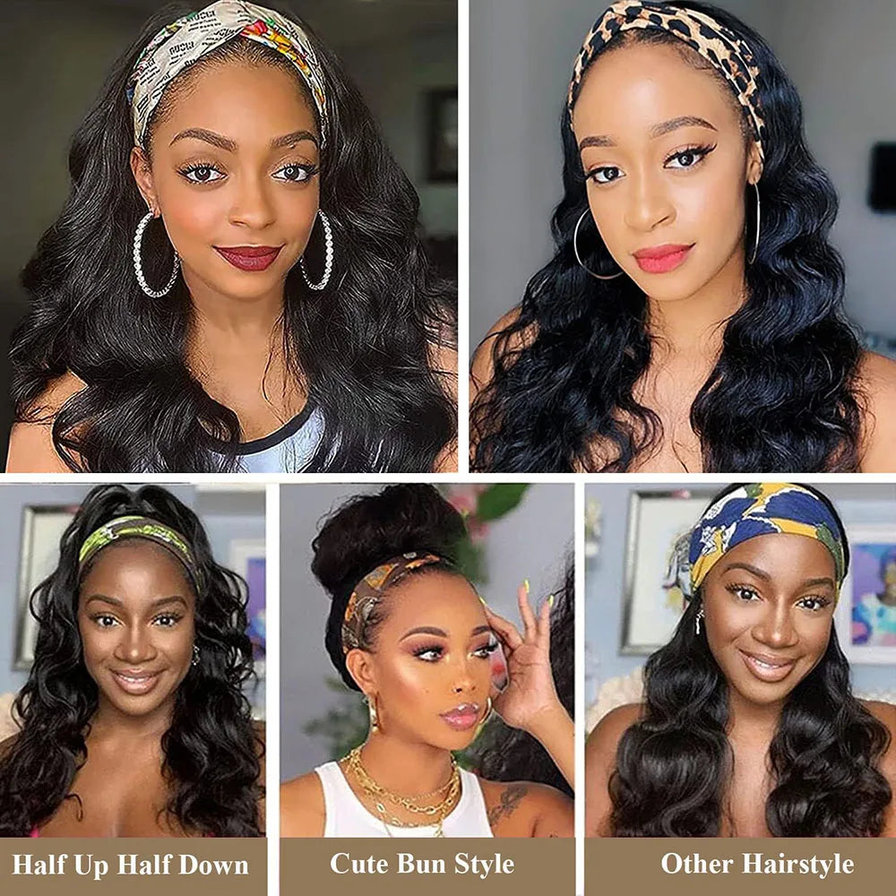 Body wave headband human hair wig, machine-made Remy wig with natural waves by HSF Marketplace