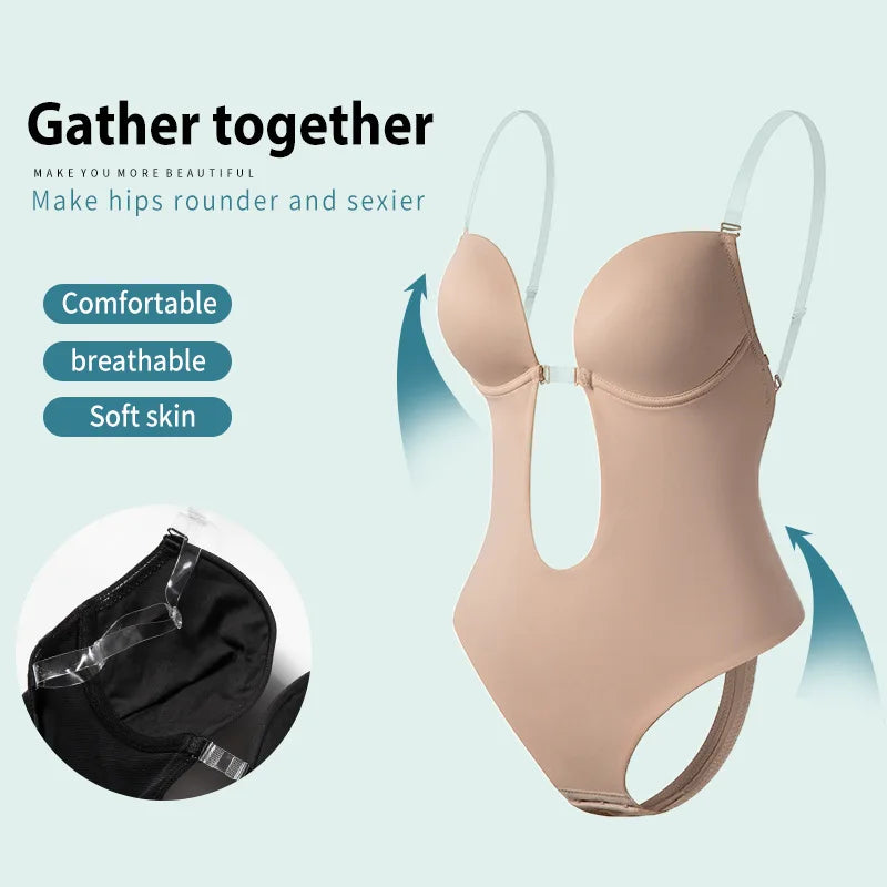 Women's deep V-neck push-up body shapewear bodysuit with thong bottom, U-shaped low back, and corset design