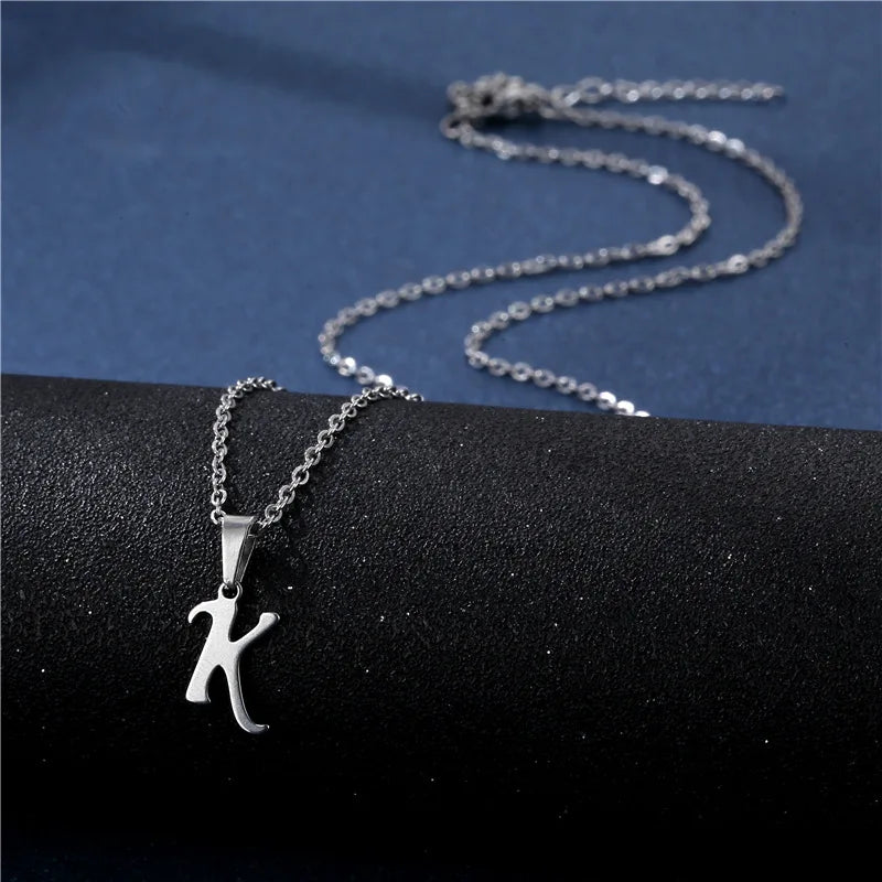 Shiny stainless steel initial letter pendant necklace for women, featuring a simple clavicle chain choker jewelry piece.