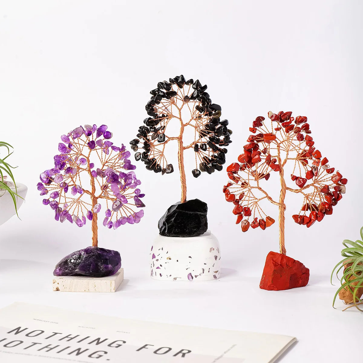 1PC Natural Gemstone Crystal Lucky Tree with Irregular Raw Stone Base for Home Office Desk Living Room Decor
