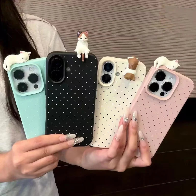 Polka dot iPhone phone case with cute cartoon cat design by HSF Marketplace