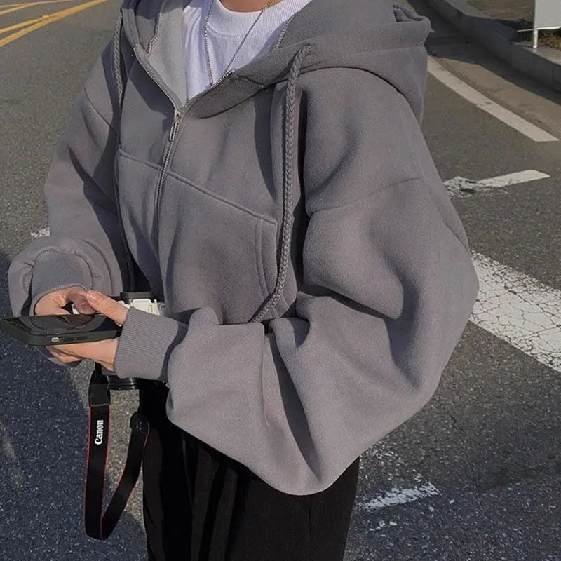 Women's hooded zip-up sweatshirt, casual autumn winter style, K-Culture merch by HSF Marketplace