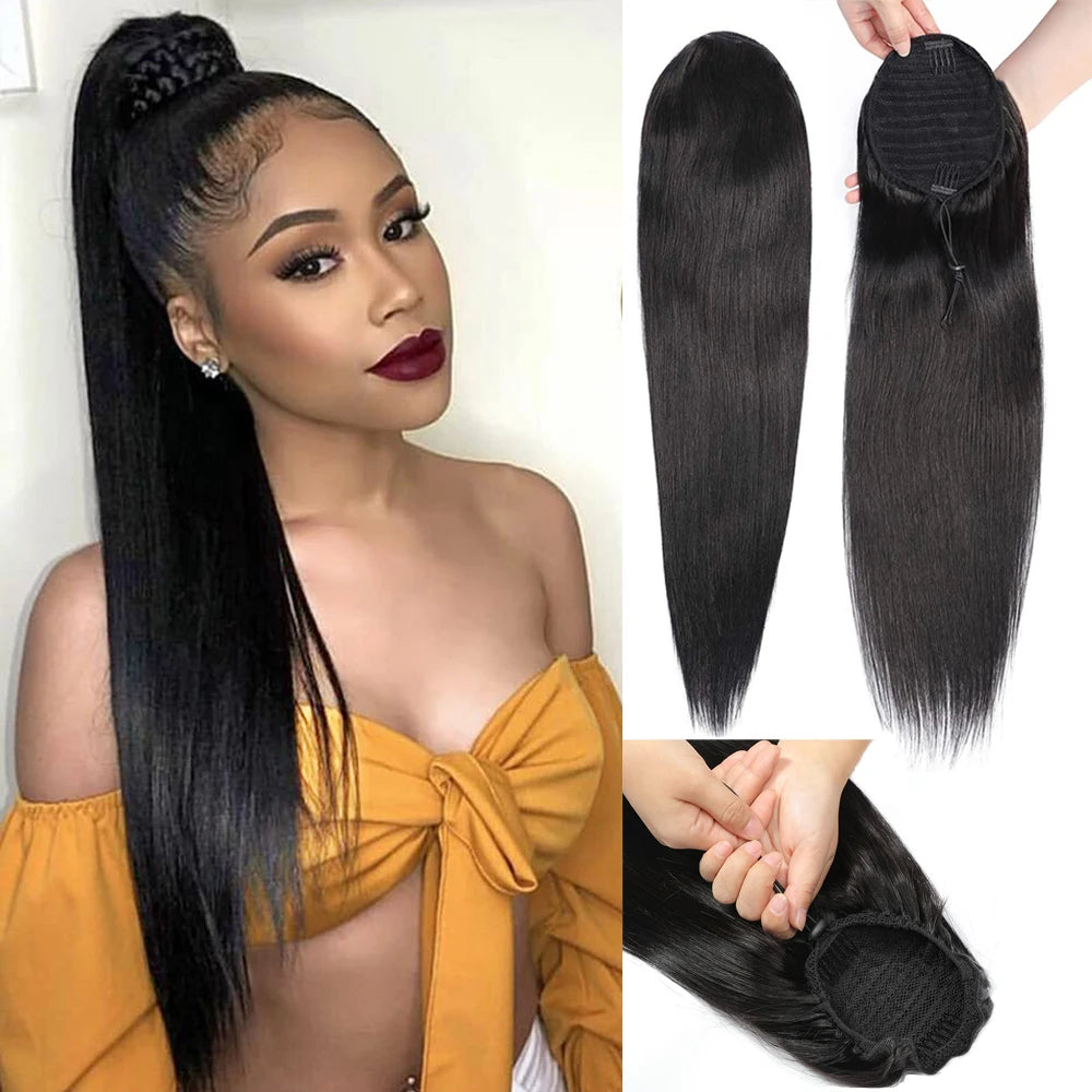 10-24 Inch Straight Drawstring Ponytail Human Hair Extensions 12A Brazilian Remy 100% Human Hair Ponytail 100g/pc For women