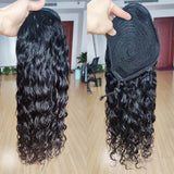 Natural black Brazilian human hair drawstring ponytail with water wave texture, 100g clip-in extension
