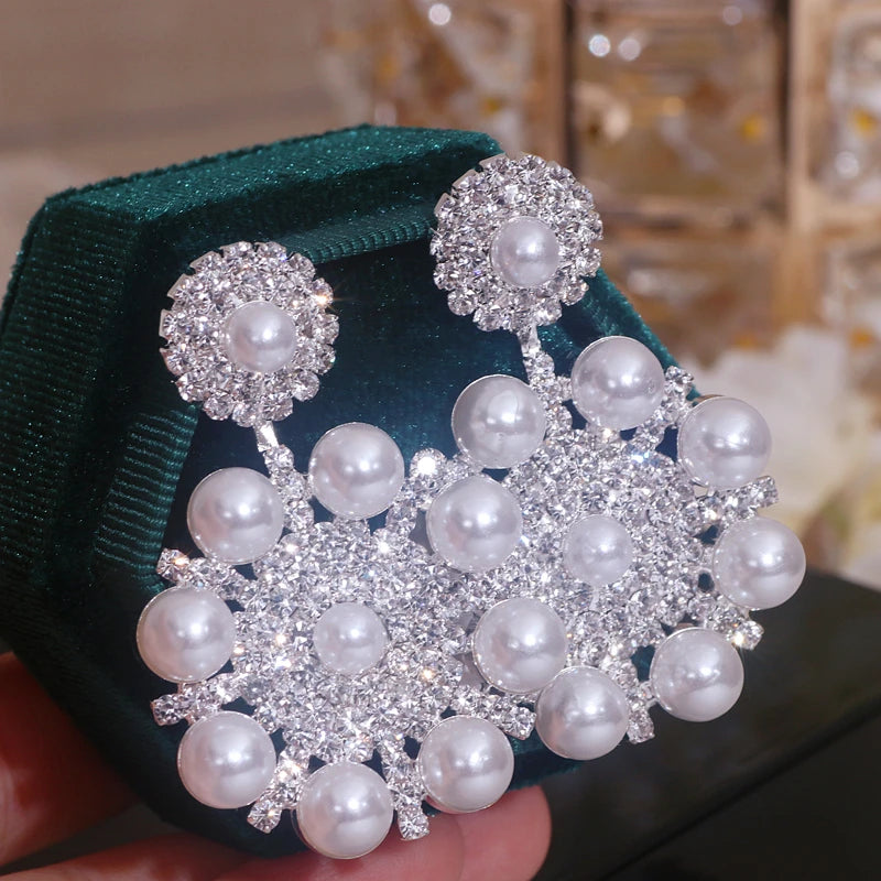 Korean oversized pearl drop earrings with rhinestone flowers for women by HSF Marketplace