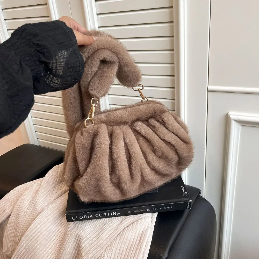 Large capacity HSF Marketplace crossbody handbag with relaxed wrinkle mink fur texture, solid color shoulder bag for women.