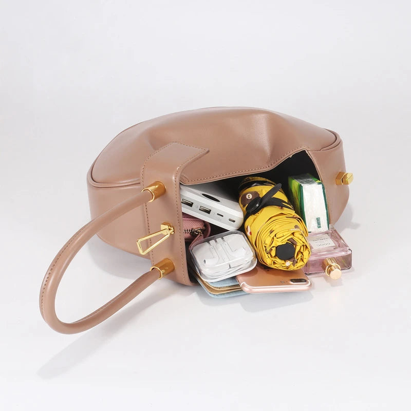 HIFASHION small genuine leather top handle handbag for women, elegant evening party pouch with round luxury design.