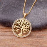 Gold plated Tree of Life necklace with crystal pendant, zircon chain jewelry for women, elegant fashion jewelry.