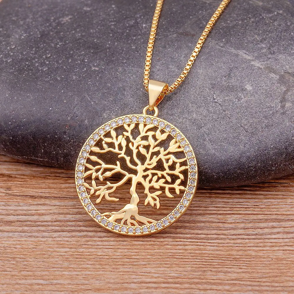 Gold plated Tree of Life necklace with crystal pendant, zircon chain jewelry for women, elegant fashion jewelry.
