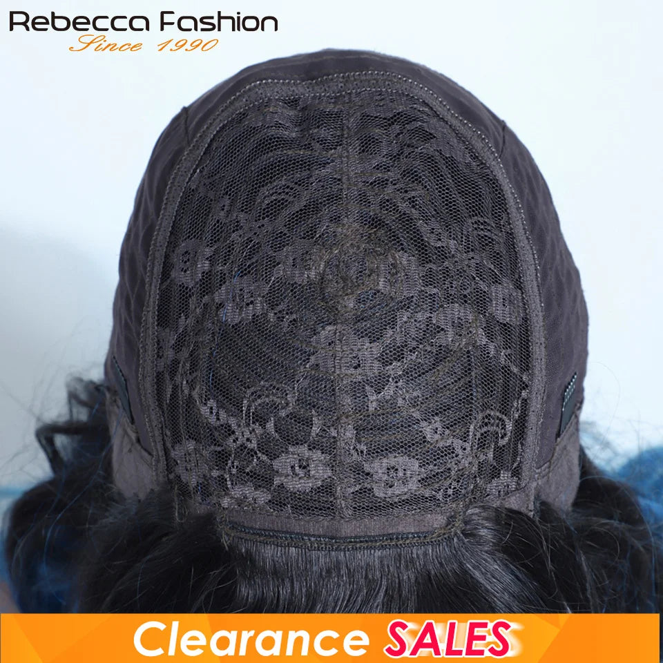 Blue Rebecca T1B body wave human hair wig with bangs, full machine-made Brazilian 180D human hair for women and cosplay.
