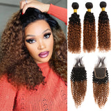 100% Burmese Curly Hair With Lace Closure Ombre Kinky Curly Human Hair 2/3/4 Bundles With HD Closure Deep Wave Hair With Closure