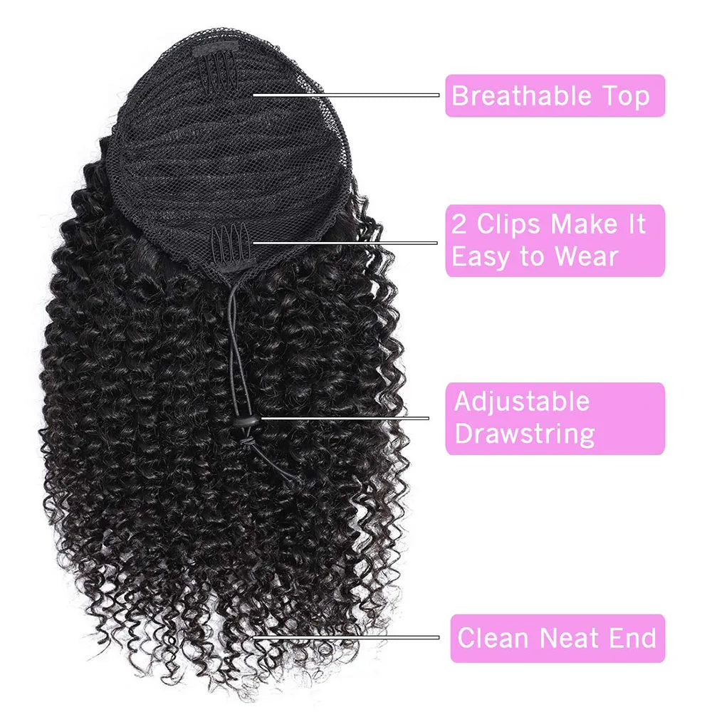 Mongolian afro kinky curly ponytail extension for natural style, textured curly hairpiece in dark shade