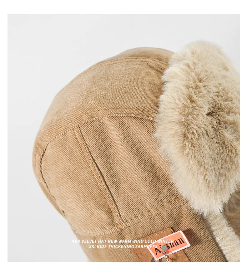 Black and grey HSF Marketplace Russian ushanka bomber hat with thick fur, earflaps, and warm winter design