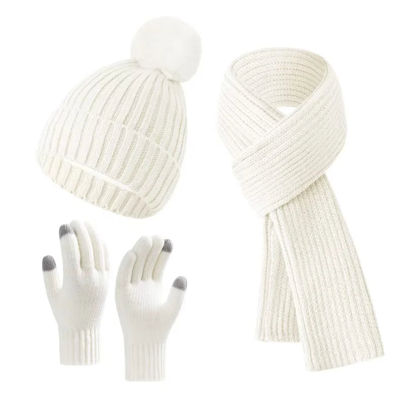 Warm knitted plush winter hat, scarf, and gloves set by HSF Marketplace