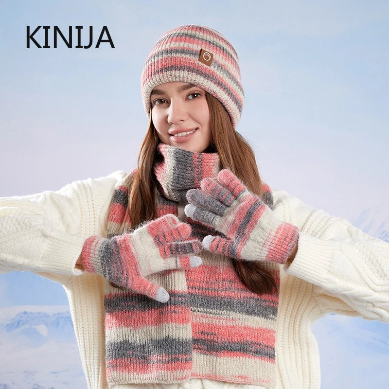 Gradient color knitted hat, scarf, and gloves set for women by HSF Marketplace