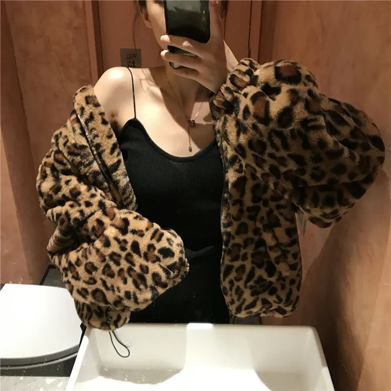 Women's leopard print faux fur parka jacket with warm hood and full-length design