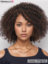 Brazilian Remy human hair wig with kinky curly highlight bob, bangs, 200% density, easy wear, for women from HSF Marketplace.
