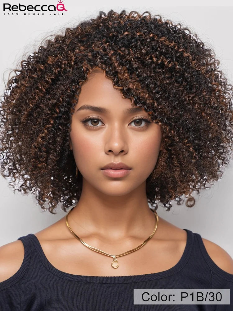 Brazilian Remy human hair wig with kinky curly highlight bob, bangs, 200% density, easy wear, for women from HSF Marketplace.